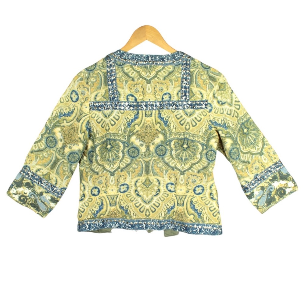 Chico's Women blazer Jacket embellished tan blue open lined Size 0 Beaded Boho - Picture 5 of 11